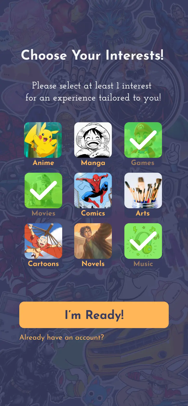 Original high-fidelity screen 1 showing reward prompts and group chat entry points