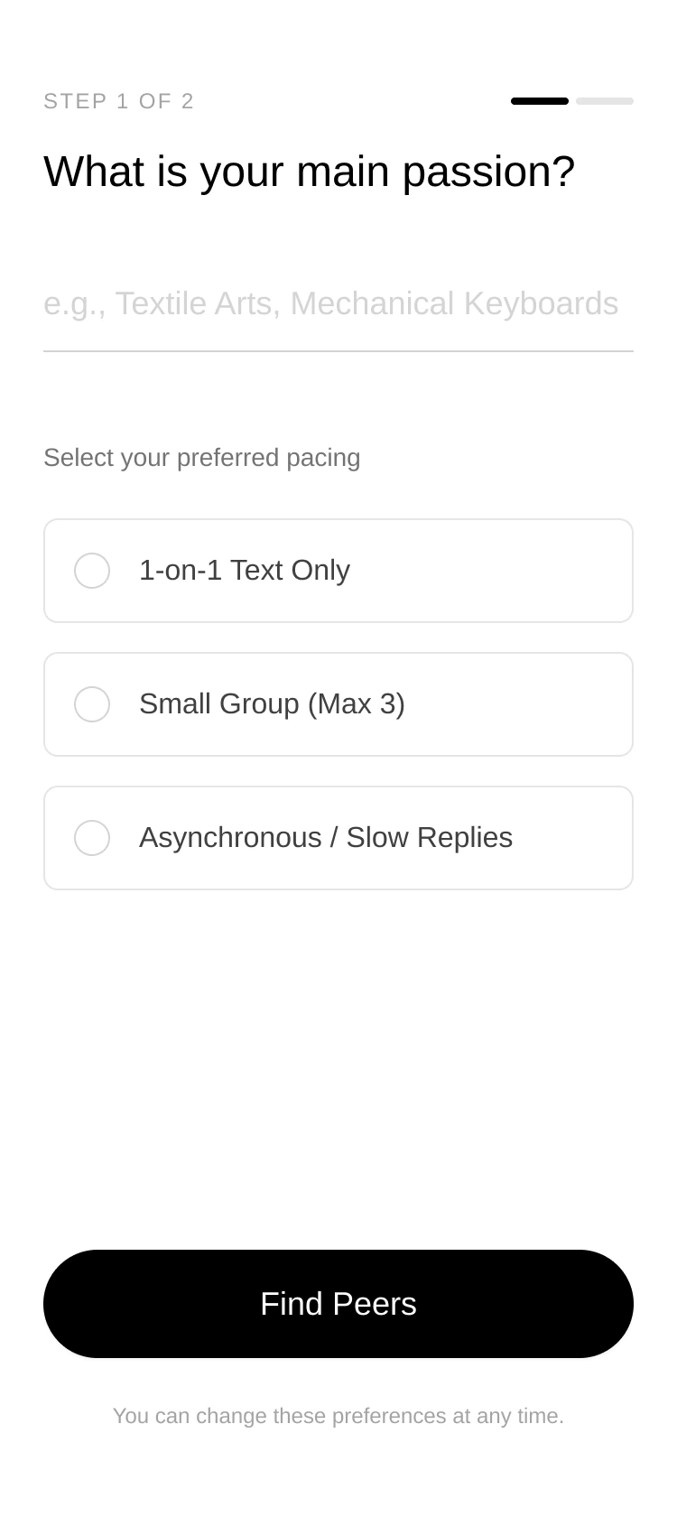 Updated low-fidelity concept 1 showing a simplified personal matching flow