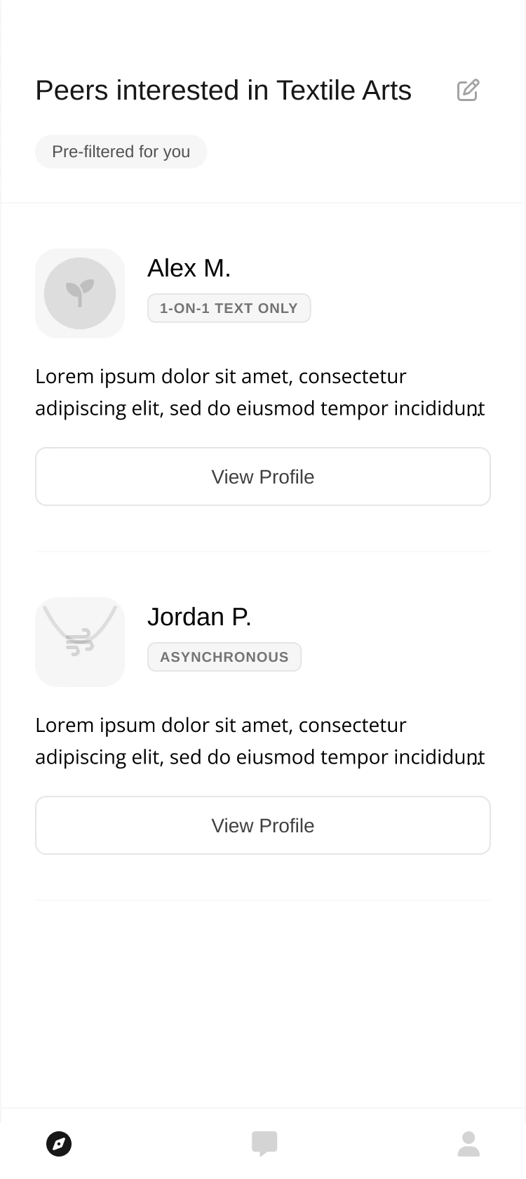 Updated low-fidelity concept 2 with calm onboarding and private chat focus